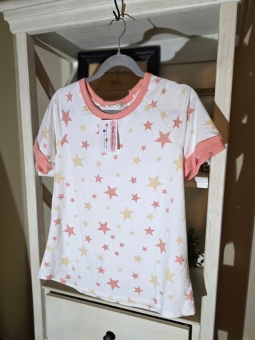 Women's Star Print Ringer Tee - Pink/Yellow